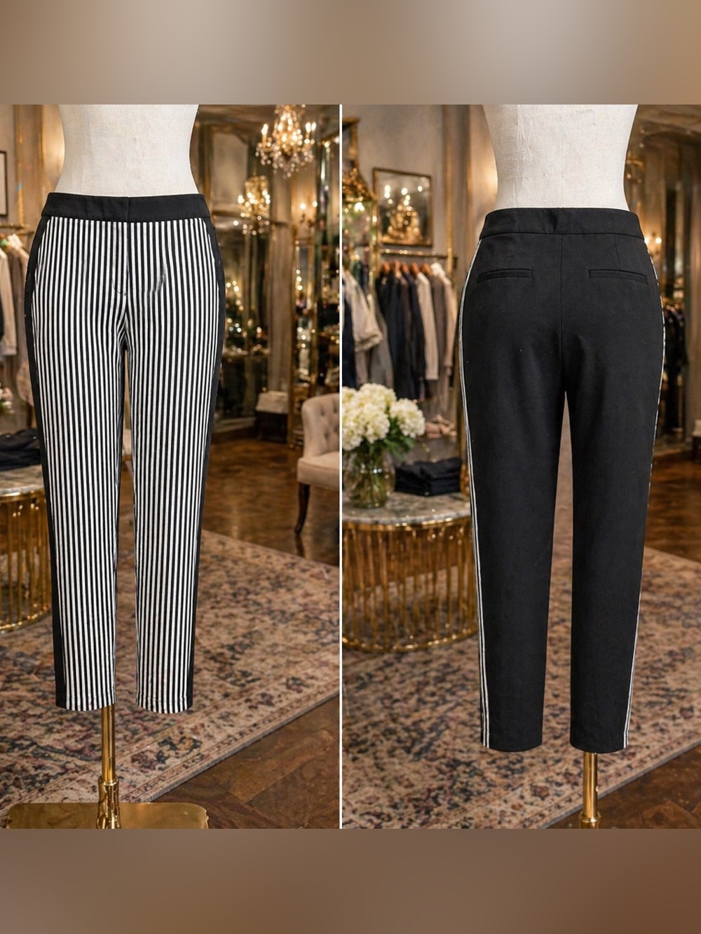 Chico's Black & White Vertical Stripe Slim Ankle Pants